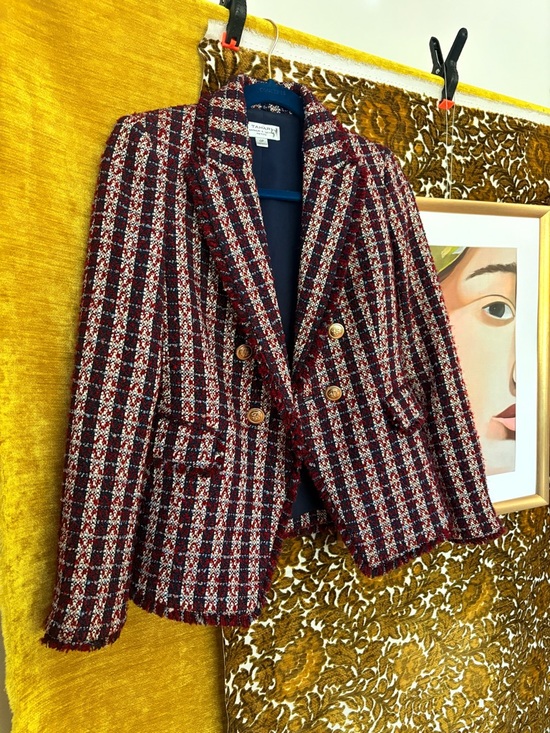 Tahari Jackets & Blazers - Tahari Burgundy Multi Tweed Fringe Double-BreastedRed/Burgundy Blazer